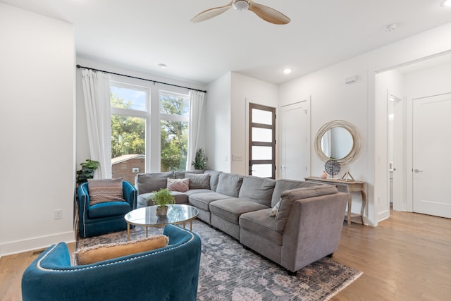 living room with ceiling fan and hardwood / wood-style flooring