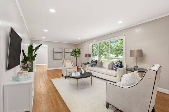 living room featuring light wood-type flooring and crown molding