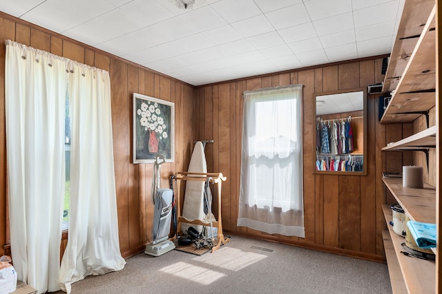 interior space with wood walls and light colored carpet