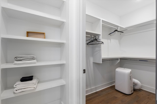 walk in closet with dark hardwood / wood-style floors