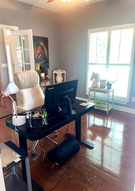 office with baseboards, wood finished floors, and a healthy amount of sunlight