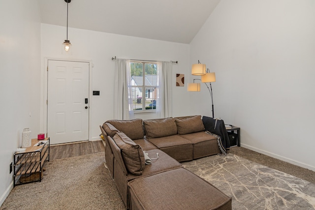 living room with lofted ceiling and hardwood / wood-style flooring