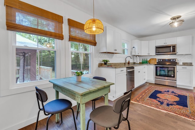 kitchen featuring plenty of natural light, stainless steel appliances, light stone countertops, and hanging light fixtures