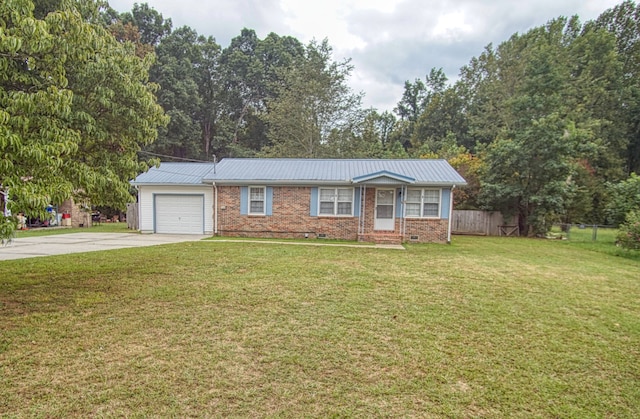 single story home with a garage and a front yard