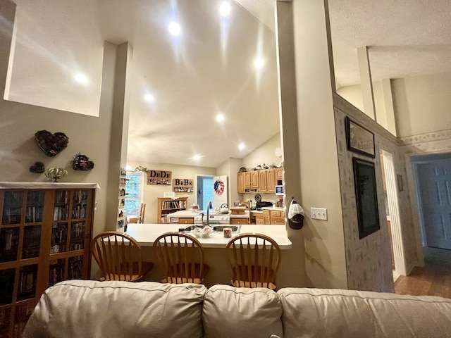 living room featuring lofted ceiling and hardwood / wood-style flooring