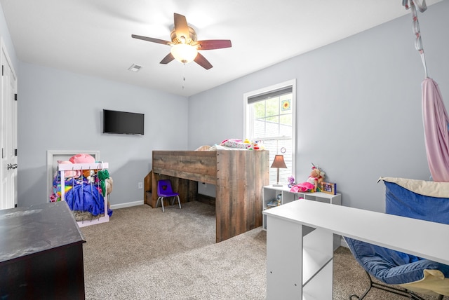 bedroom with light colored carpet and ceiling fan