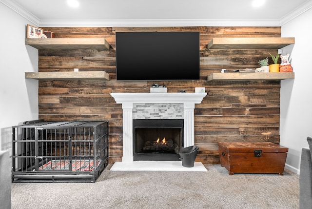 carpeted living room with ornamental molding