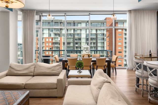 living room featuring light hardwood / wood-style flooring and expansive windows