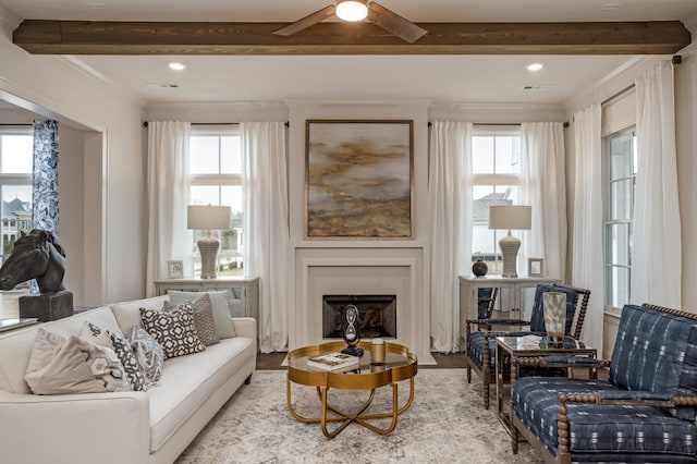 living room with beamed ceiling, plenty of natural light, wood-type flooring, and ceiling fan