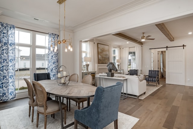 dining area with a barn door, ceiling fan with notable chandelier, beamed ceiling, wood-type flooring, and ornamental molding