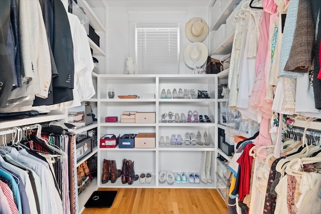 walk in closet with light hardwood / wood-style flooring