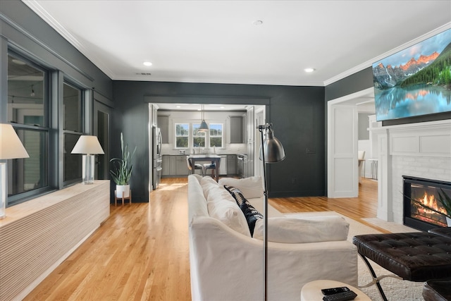 living room with ornamental molding, light hardwood / wood-style floors, and a fireplace