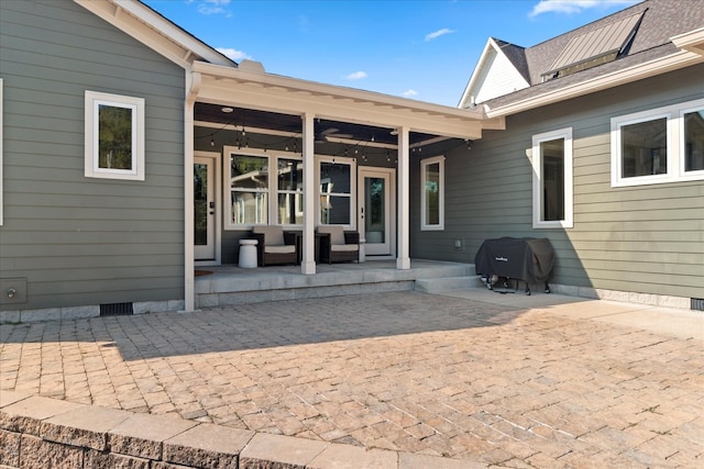 view of patio / terrace with area for grilling, outdoor lounge area, and ceiling fan