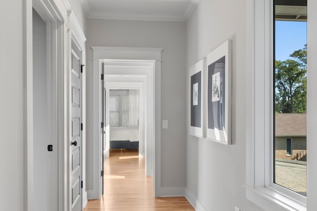 hallway with light wood-type flooring and ornamental molding