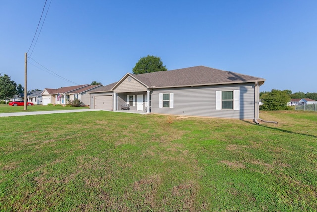 single story home with a front yard, concrete driveway, a garage, and roof with shingles