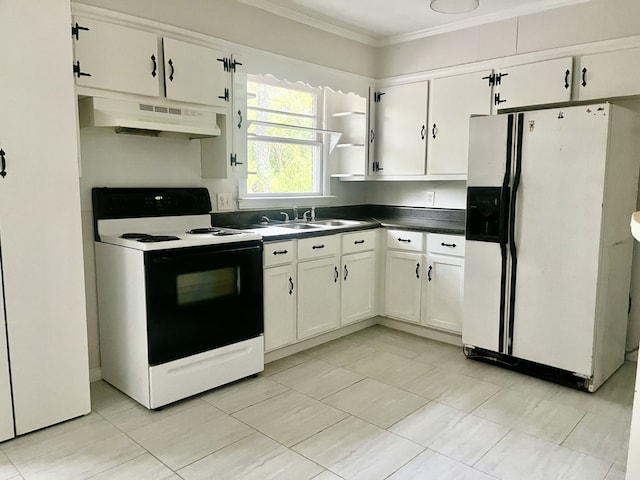 kitchen featuring ornamental molding, sink, white appliances, and white cabinetry