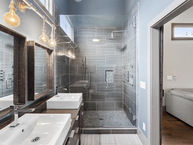 bathroom featuring vanity, wood-type flooring, and an enclosed shower