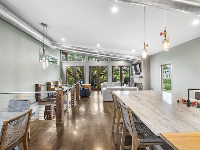 dining area featuring french doors, dark hardwood / wood-style flooring, a wealth of natural light, and a tile fireplace