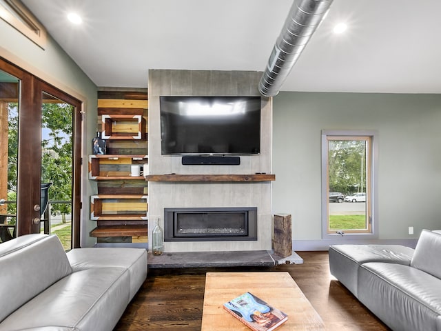 living room featuring a large fireplace, dark hardwood / wood-style flooring, and a healthy amount of sunlight