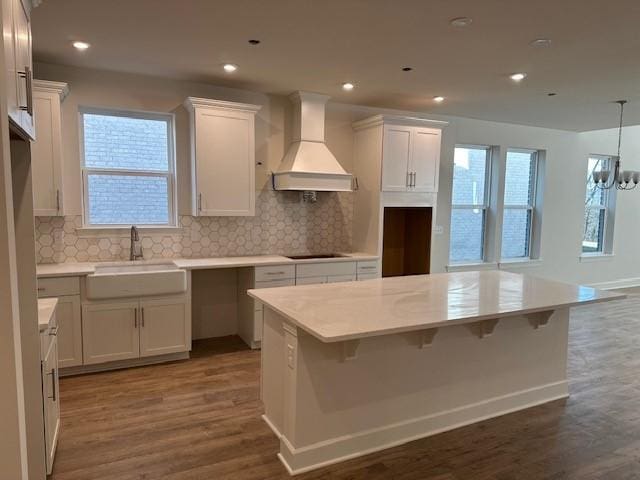 kitchen with sink, premium range hood, white cabinetry, dark hardwood / wood-style floors, and decorative backsplash