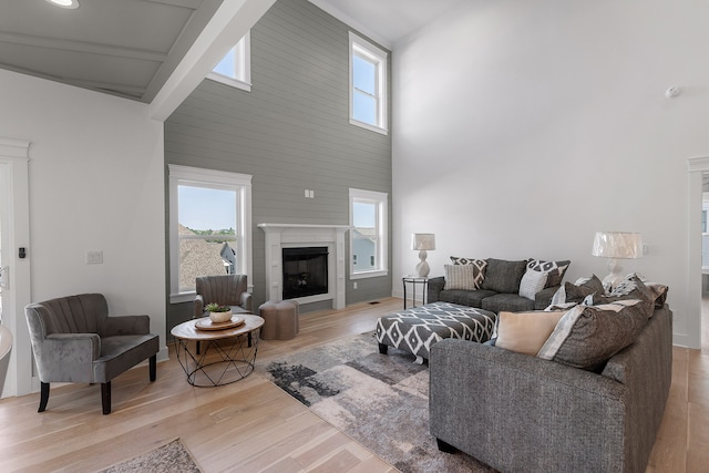 living room with light hardwood / wood-style flooring, high vaulted ceiling, and a wealth of natural light