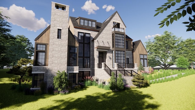 6527 Currywood Dr, Nashville, TN 37205 - view of side of home featuring a lawn, stone siding, and a chimney