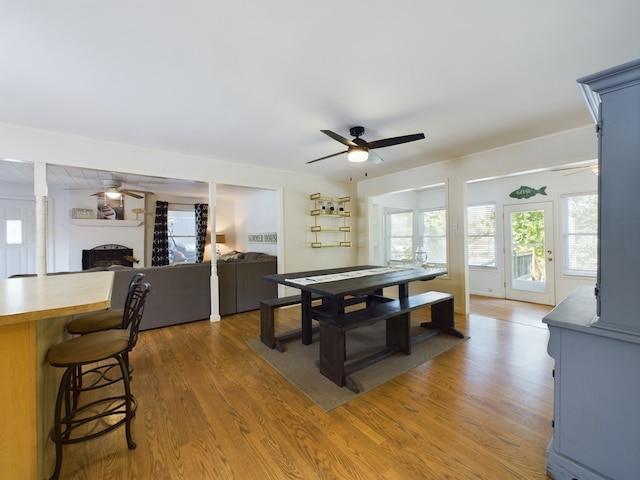 playroom with ceiling fan and hardwood / wood-style flooring