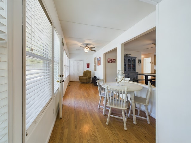 dining space with ceiling fan and hardwood / wood-style flooring