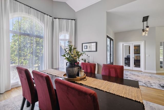 dining area with light hardwood / wood-style flooring, plenty of natural light, and lofted ceiling