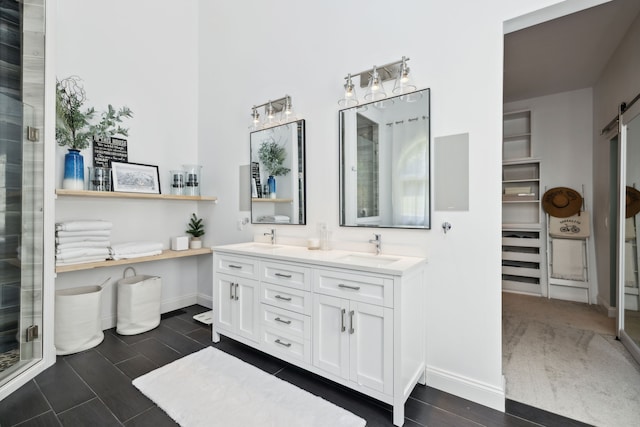 bathroom featuring vanity, wood-type flooring, and a shower with shower door