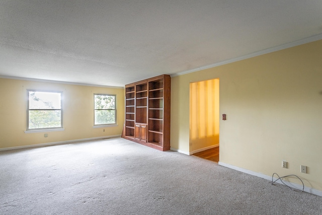 spare room featuring a textured ceiling, crown molding, and carpet floors