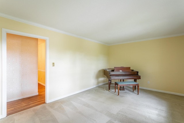 living area featuring light colored carpet and ornamental molding