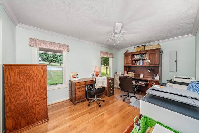 home office with ceiling fan, plenty of natural light, light hardwood / wood-style flooring, and a textured ceiling