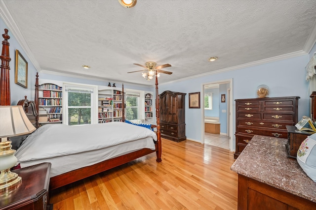 bedroom with a textured ceiling, light hardwood / wood-style floors, ceiling fan, and crown molding