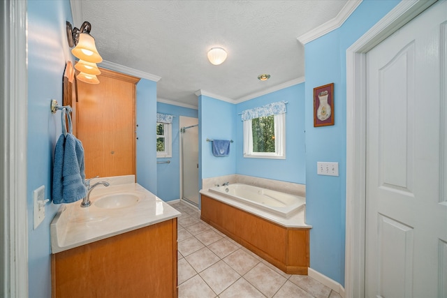 bathroom featuring plus walk in shower, a textured ceiling, tile patterned floors, and ornamental molding