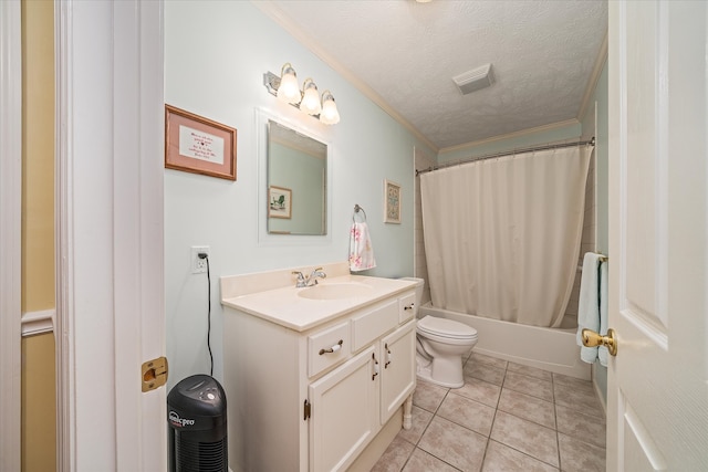 full bathroom featuring shower / tub combo, a textured ceiling, vanity, tile patterned floors, and toilet