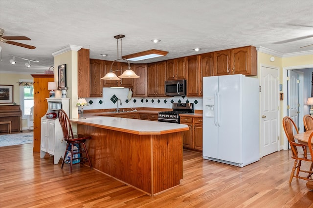 kitchen with kitchen peninsula, hanging light fixtures, ceiling fan, light wood-type flooring, and appliances with stainless steel finishes