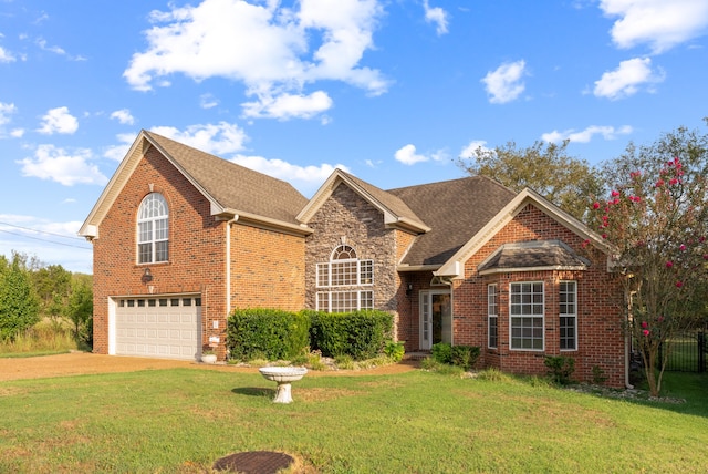 front of property with a garage and a front lawn