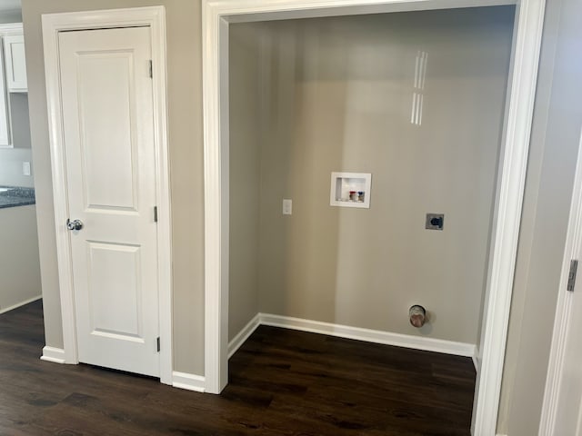 clothes washing area with dark wood-type flooring, electric dryer hookup, and washer hookup