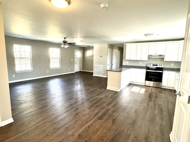 kitchen with stainless steel electric range oven, dark wood-type flooring, kitchen peninsula, white cabinetry, and ceiling fan