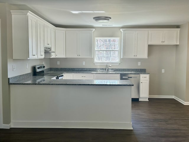 kitchen featuring dark stone counters, stainless steel appliances, dark hardwood / wood-style flooring, sink, and white cabinets