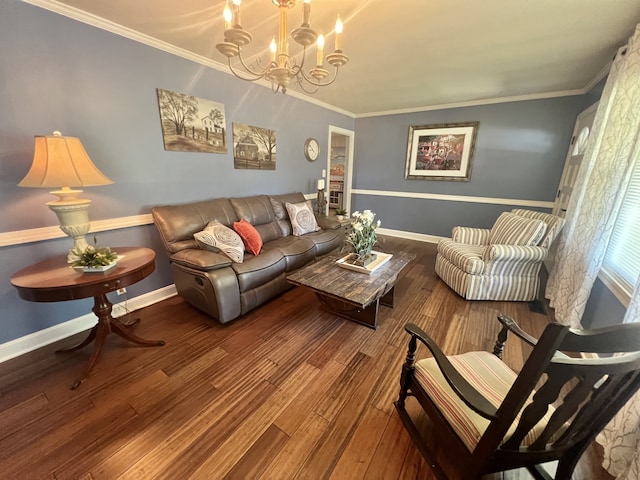 living room featuring ornamental molding, a notable chandelier, and hardwood / wood-style flooring