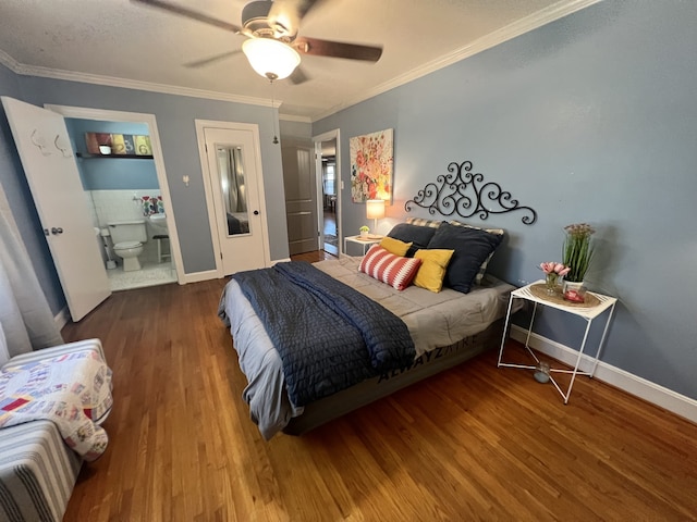 bedroom featuring ceiling fan, ornamental molding, ensuite bathroom, and hardwood / wood-style flooring