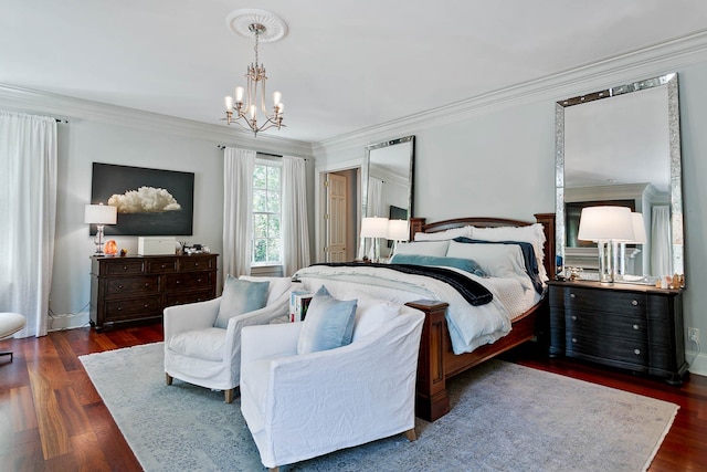 bedroom with dark wood-type flooring, a chandelier, and crown molding