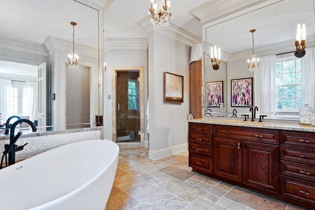 bathroom with vanity, ornamental molding, plus walk in shower, and a notable chandelier