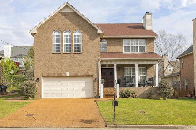 front of property featuring a garage, a front lawn, and covered porch