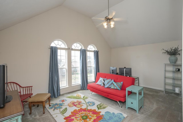 carpeted living room featuring lofted ceiling and ceiling fan