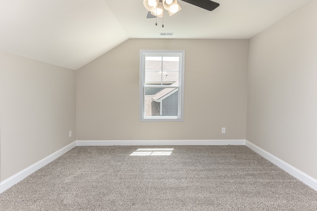 bonus room featuring carpet flooring, ceiling fan, and vaulted ceiling