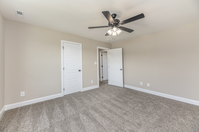 unfurnished bedroom with carpet and ceiling fan