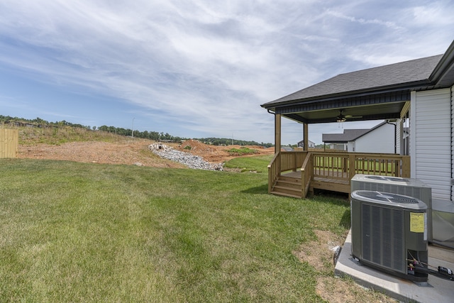 view of yard featuring cooling unit, ceiling fan, and a deck